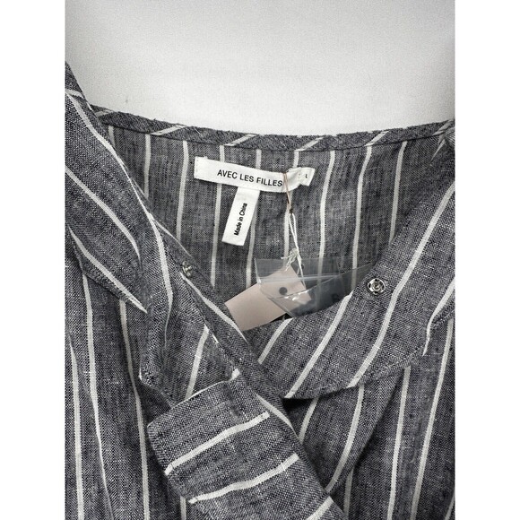 Avec Les Filles Linen Blend Striped Ruffle Romper‎ Indigo Heather Size Large NEW - Picture 4 of 8